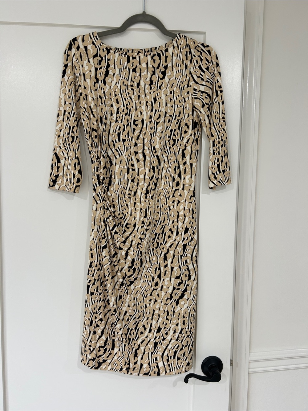 Beige and Black Printed Midi Dress with Boat Neck - Women's